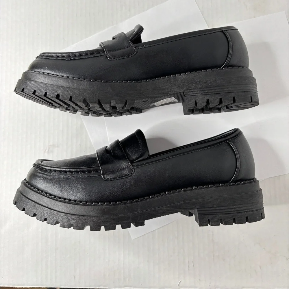 POP Womens Chunky Platform Penny Loafers Black Faux Leather Shoe Size 10 Gothic